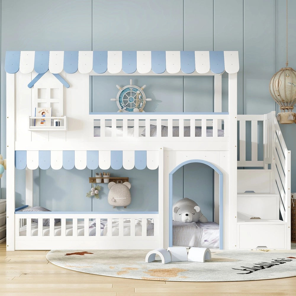 Letto a Castello Bambini con Scala e Cassetti ¨C Xylo ¨C Pino/MDF, Bianco e Blu, 90x200