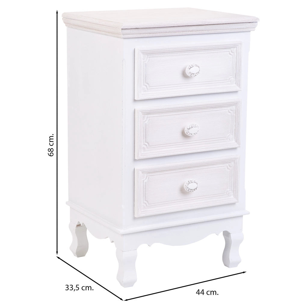 Comodino in legno con 3 cassetti bianchi 41x33,5x68.