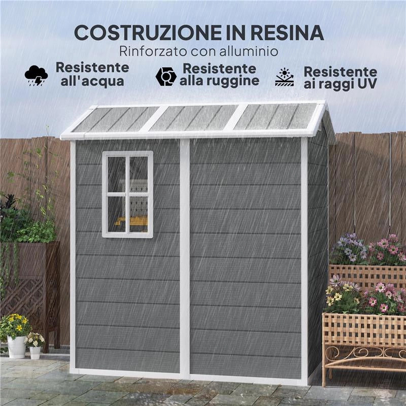 CASETTA DA GIARDINO IN RESINA CON PAVIMENTO PORTA CON BLOCCO E FINESTRA 1.3 X 1.8 M GRIGIO