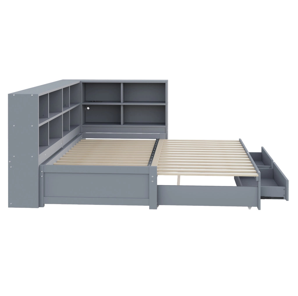 Letto multifunzione 90/180x190 cm con contenitore; prese multifunzione e cassetti in legno grigio