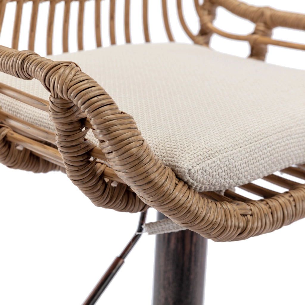 Sgabello da bar girevole set da 2 con altezza regolabile, schienale in rattan e poggiapiedi, in lino beige