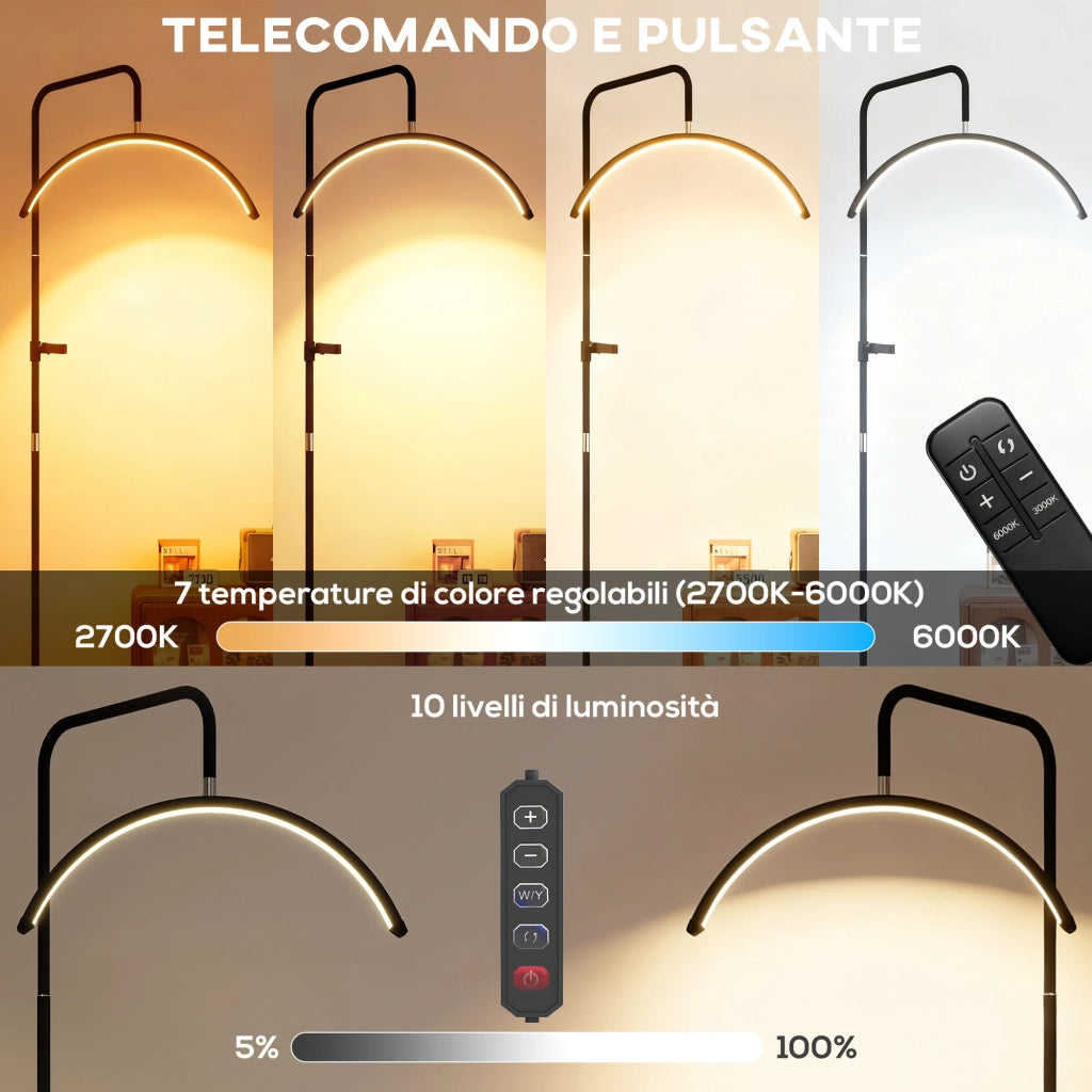 Lampada da Terra LED con Testa a Mezza Luna, Altezza e Temperatura Colore Regolabili, Telecomando, Nero