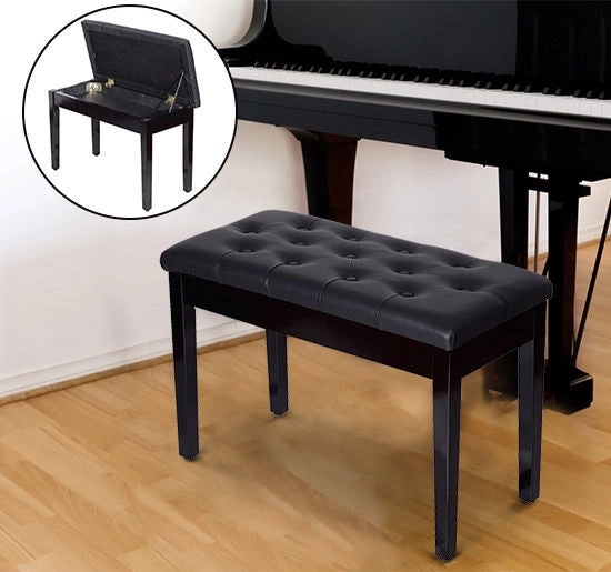 Panchetta per Pianoforte con Vano Contenitore ¨C Xylo ¨C Similpelle Nero, Legno Massello, 76x36x50 cm