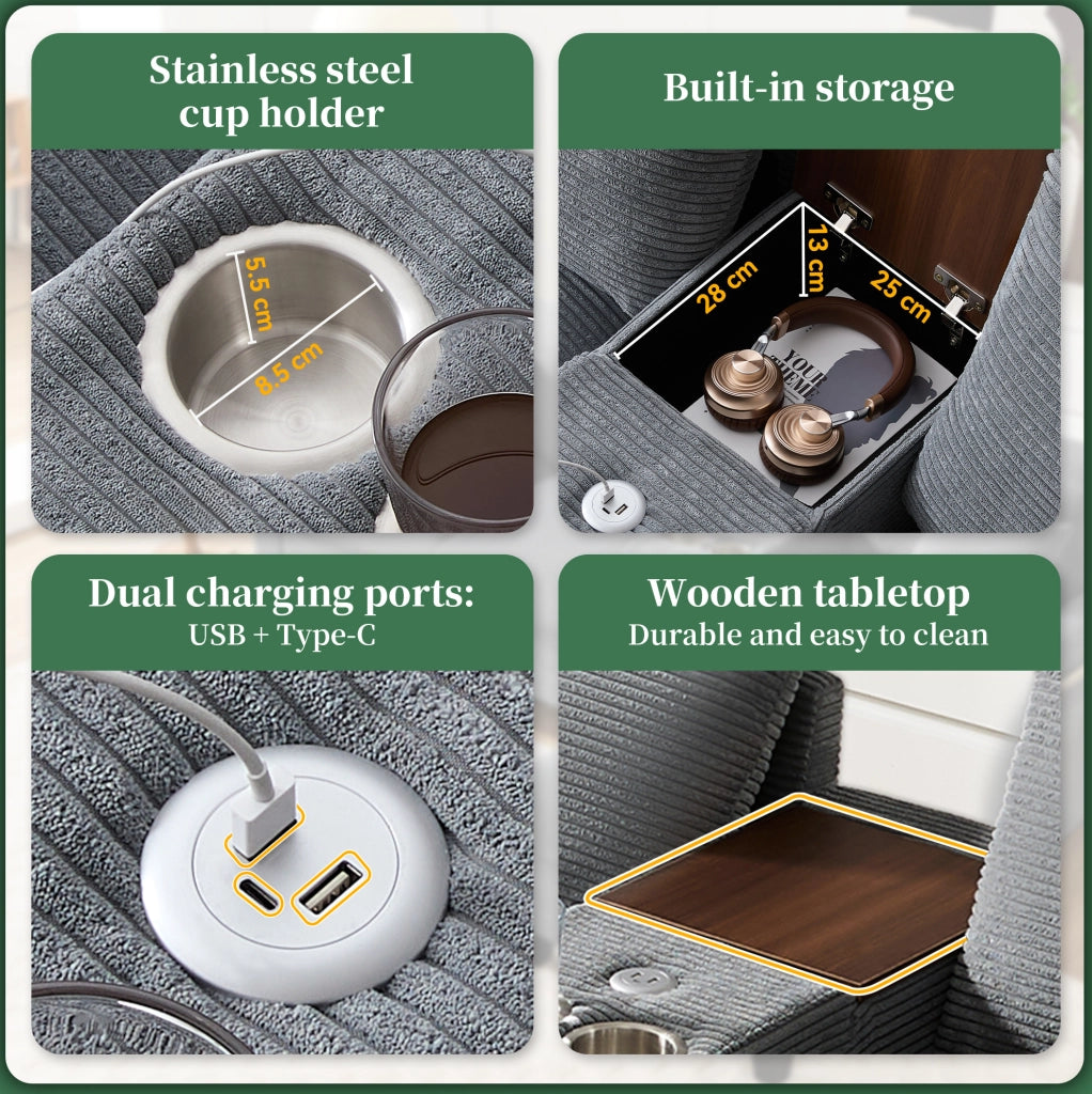 Divano angolare modulare 4 posti in velluto a coste grigio con pouf; console; USB e portabicchieri