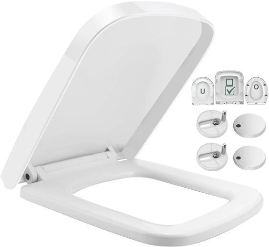 Duroplast Toiletdeksel Soft Close con funzione antibatterica, rimovibile e regolabile con quattro gomiti, modello quadrato con chiusura soft close