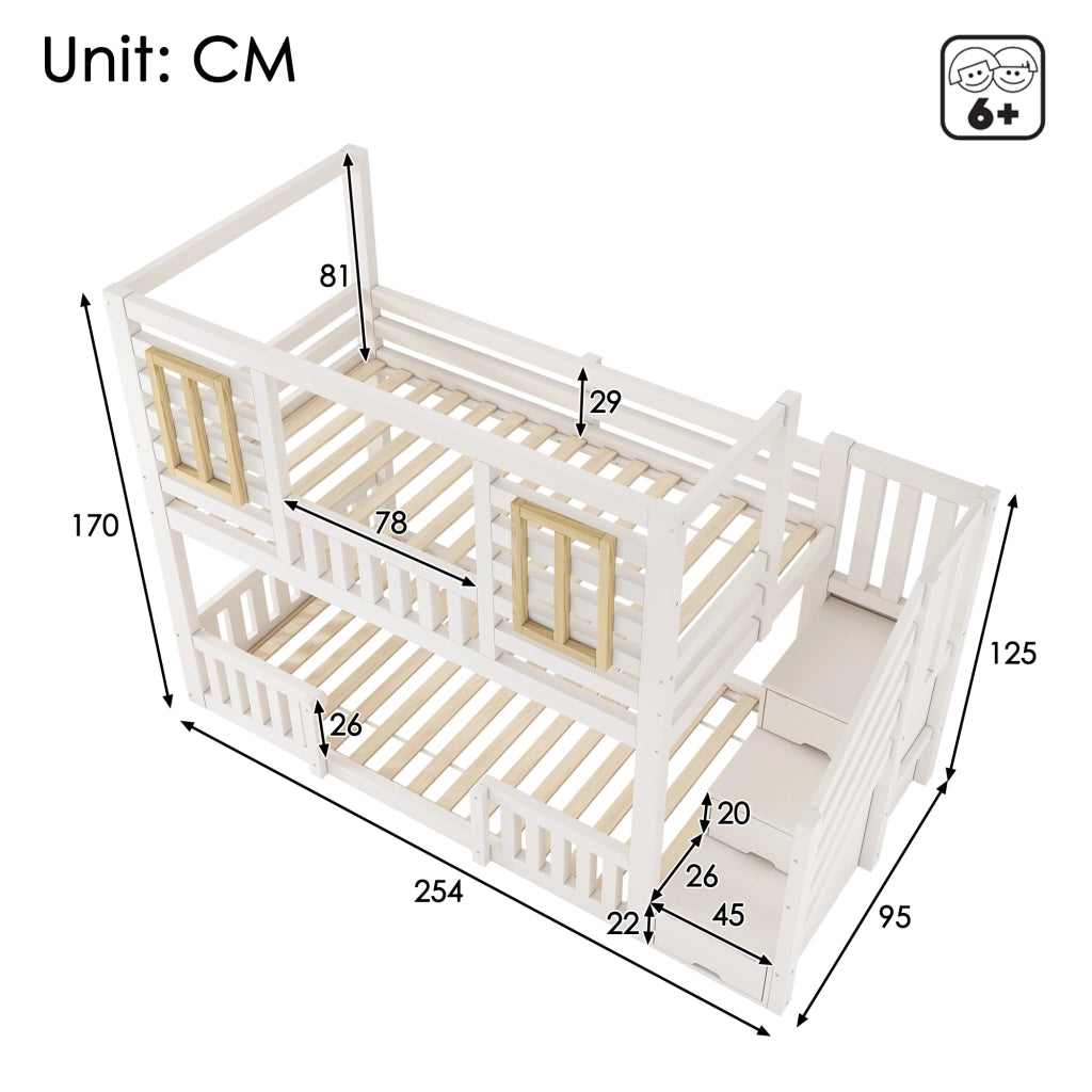 Letto a castello per bambini 90 × 200 cm con scala contenitore e finestre, senza materasso, in legno, bianco