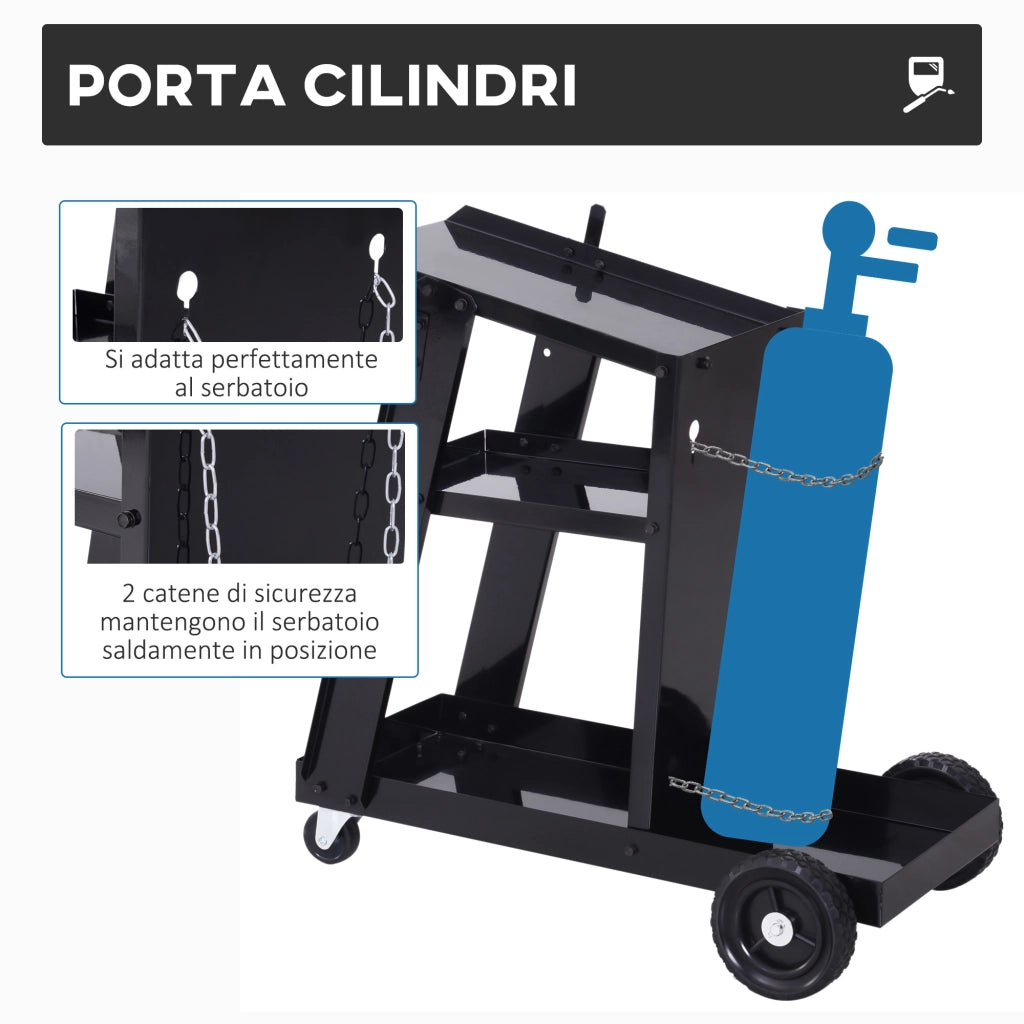 Carrello Porta Utensili a 3 Ripiani con 2 Catene di Sicurezza. in Acciaio. 71x39x70 cm. Nero