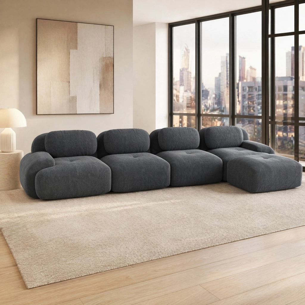 Divano angolare modulare 388x178x70 cm in tessuto effetto velluto a coste grigio; senza montaggio