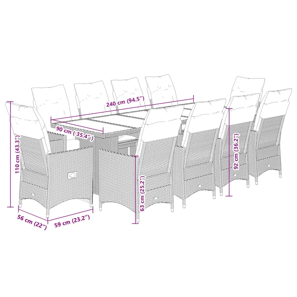 Set da BistrÃ² da Giardino 11 pz con Cuscini Nero in Polyrattan
