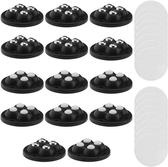 Ruote per Mobili 16 Pezzi - Ruote Autoadesive - Progetto a 4 Rulli - Materiale Duraturo Resistente all'Usura - Rotazione 360° - Nero
