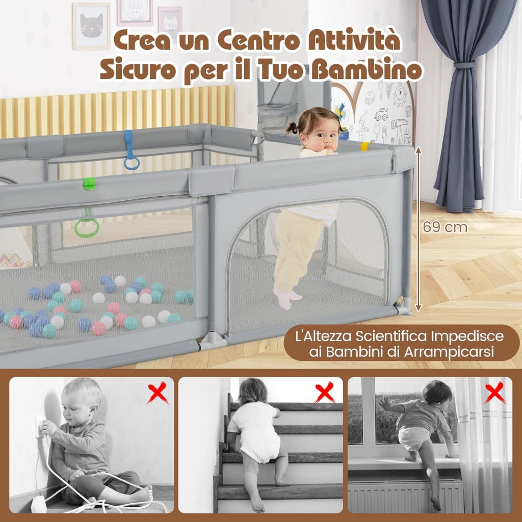 Box Bambini 190 x 160 cm, Recinto Pieghevole Bambini con Canestro da Basket, 2 Porte da Calcio, 50 Palline e 4 Anelli, Centro Attività con Borsa Trasporto per Neonati 0-3 Anni