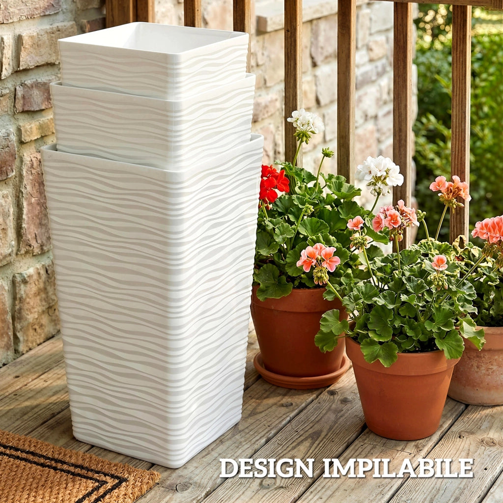 Set 3 Vasi da Esterno 42-55-65 cm Impilabili con Motivo Ondulato in Plastica Bianco