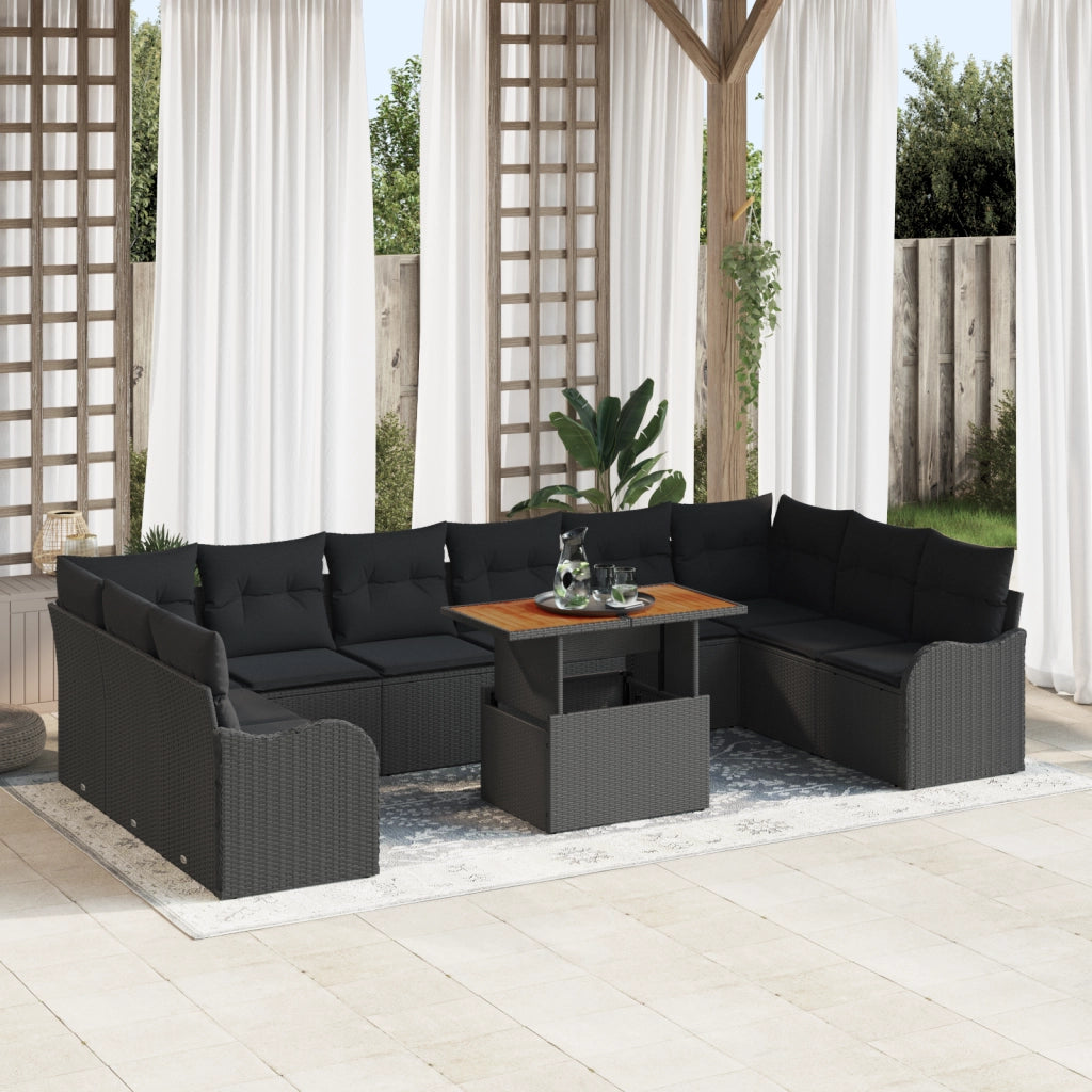 Set Divano Giardino 11 Pezzi con Cuscini Polyrattan Nero Acacia