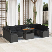 Set Divano Giardino 11 Pezzi con Cuscini Polyrattan Nero Acacia