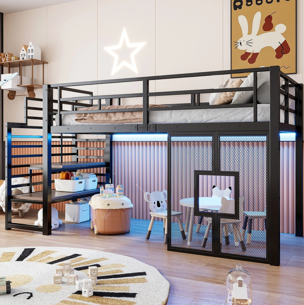 Letto a soppalco 90x200 cm in metallo con scala contenitore e LED