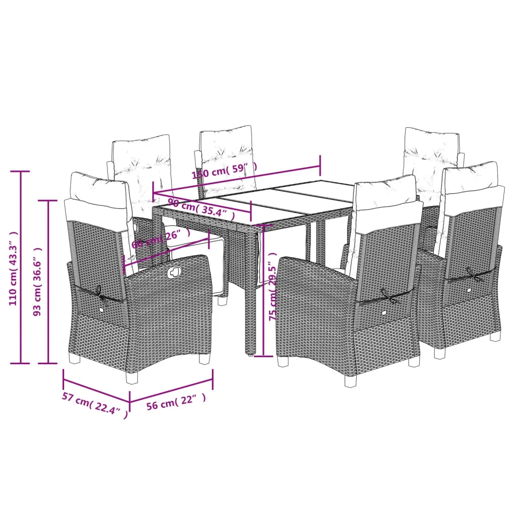 Set da Pranzo da Giardino 7 pz Nero con Cuscini in Polyrattan