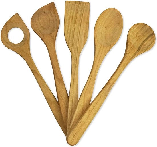 Set da cucina a 5 pezzi in legno di ciliegio, utensile da cucina in legno: 1x spatola e 4x diverse cucchiaie in legno per cucina, utensili da cucina duraturi, prodotto in Europa