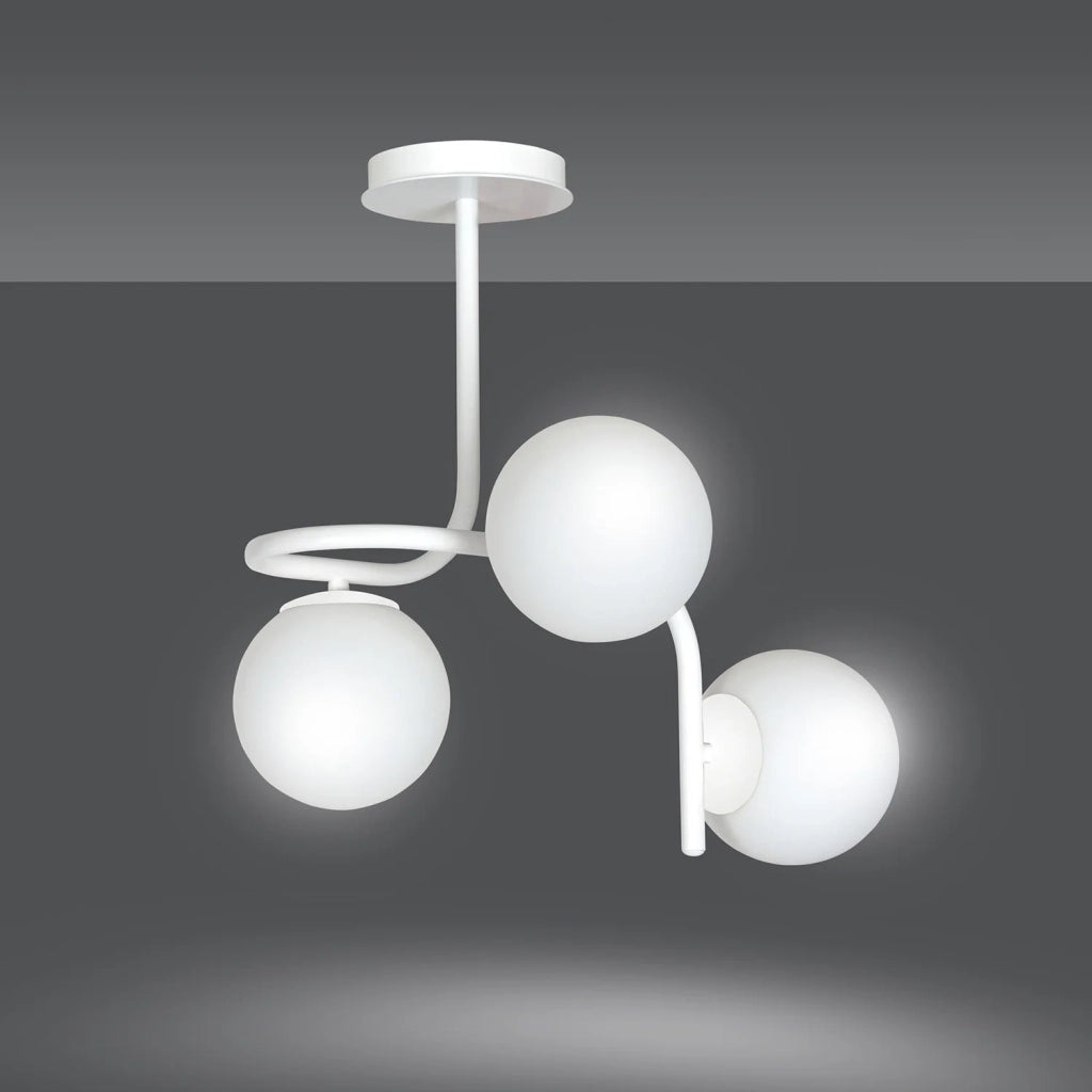 Lampadario 3 Luci Rama In Acciaio Bianco A Bracci E Sfere In Vetro Opalino