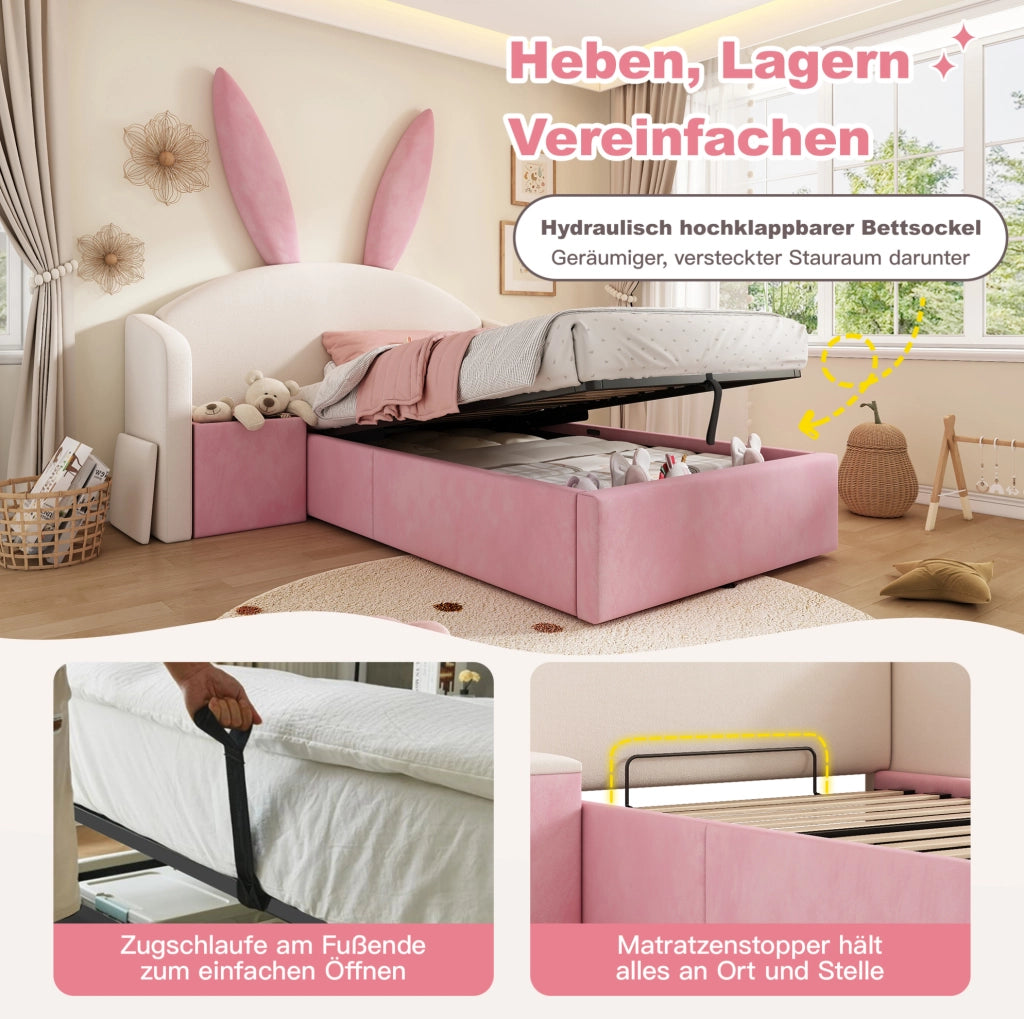 Letto per bambini 90x190 cm in velluto con comodino, beige e rosa