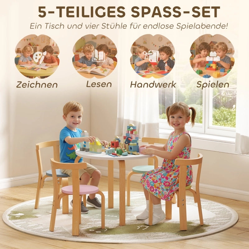 Set di tavolo e sedie per bambini composto da 5 pezzi, in legno massello leggero e colorato.