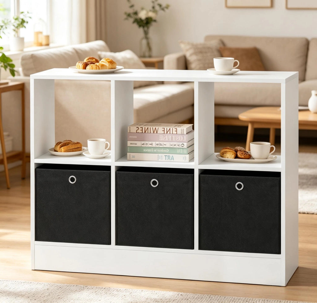 Libreria a cubi autoportante con 3 cassetti in tessuto, mobile contenitore da terra per casa e ufficio