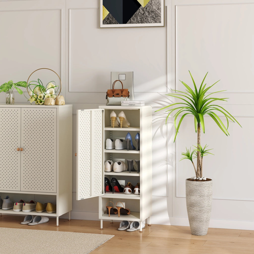 Scarpiera Coleraine con Anta 3 Ripiani Regolabili e Scomparto Aperto 115 x 43 x 35 - Acciaio Bianco Crema [en.casa]