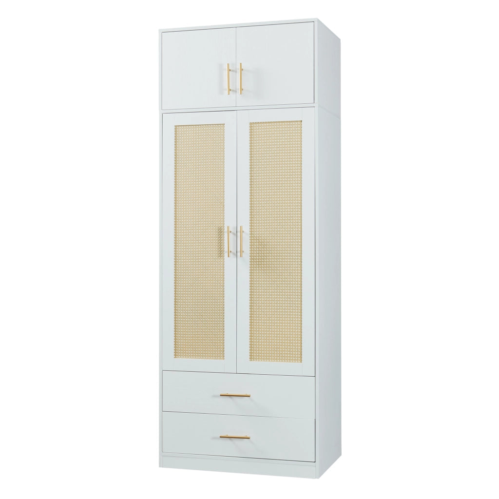 Armadio da Guardaroba Larundi con 4 Ante e 2 Cassetti 216 x 80 x 52 cm - Bianco/Effetto Rattan [en.casa]
