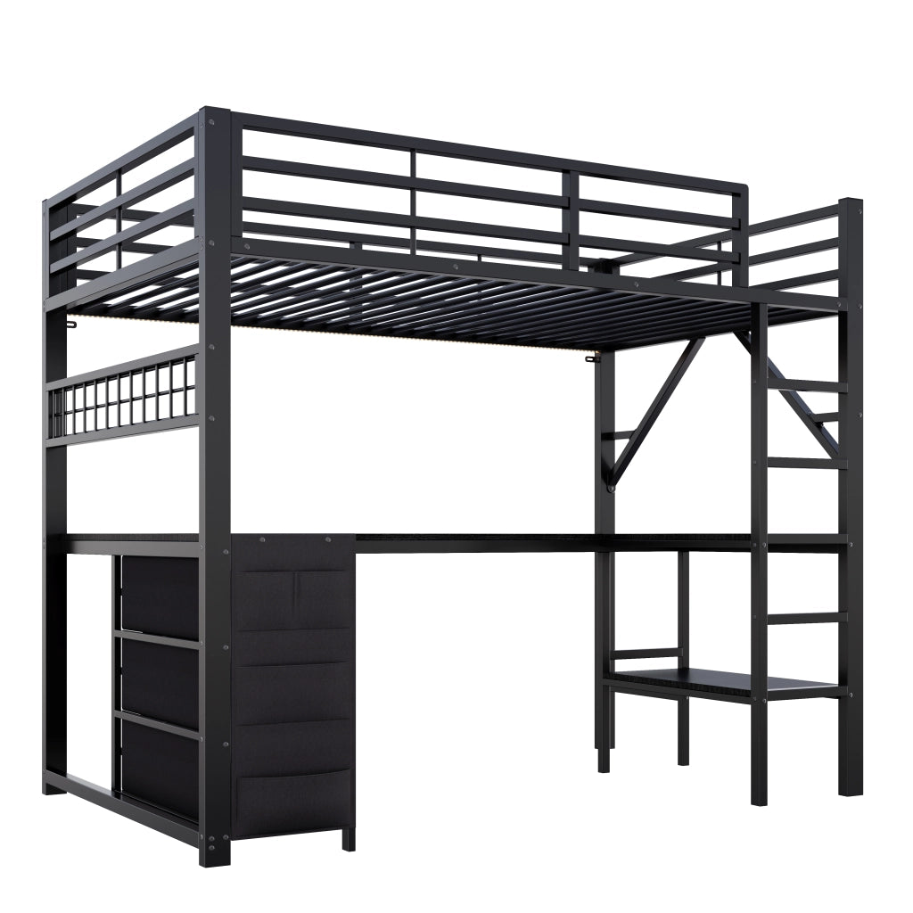 Letto a soppalco gaming 90x200 cm in metallo nero con scrivania e cassetti