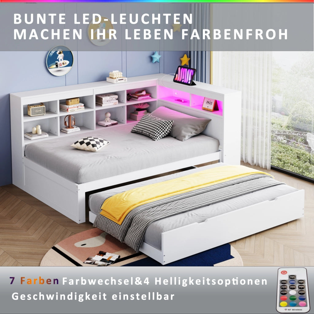 Divano letto singolo in legno con letto estraibile, USB, LED e ripiani laterali, bianco, 90 × 200 cm