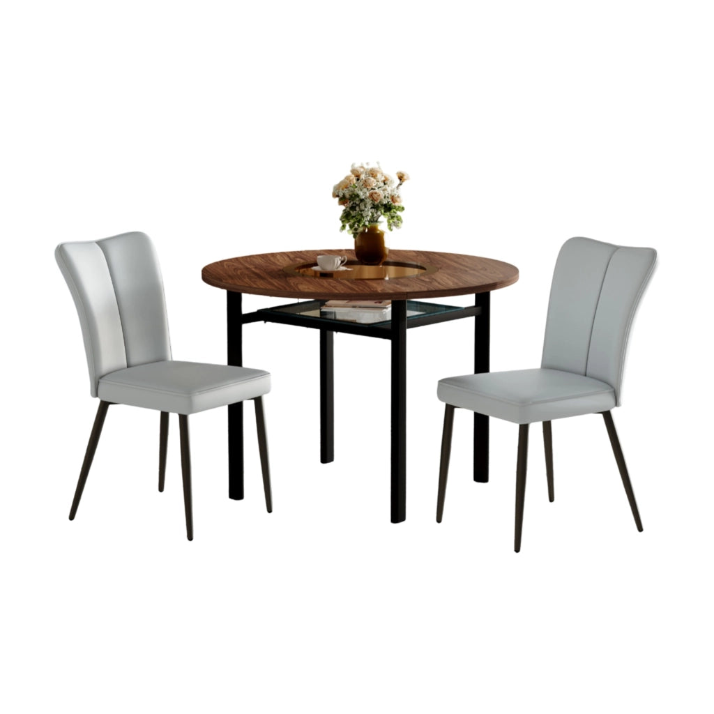 Tavolo da pranzo rotondo 100 cm con 2 sedie; piano in vetro; MDF marrone