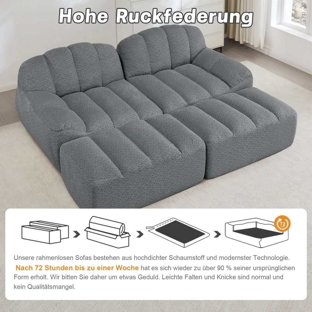 Divano modulare a 2 posti con 2 ottomani in pile granulato grigio antiscivolo 210 × 165 × 79 cm