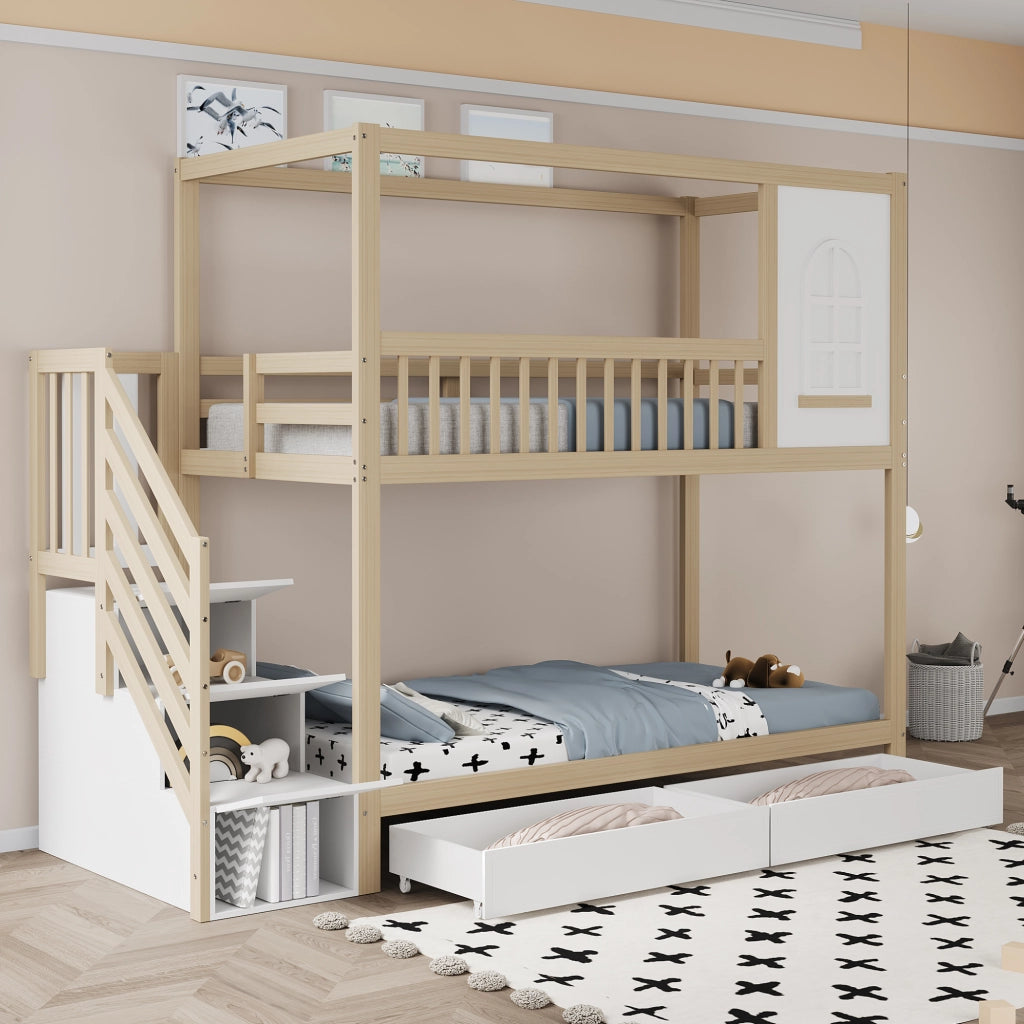 OKWISH Letto a Castello 90×200 cm, Letto 2 Posti con Scala con Cassetti, 2 Cassetti e Ganci, senza Materasso, Legno Naturale