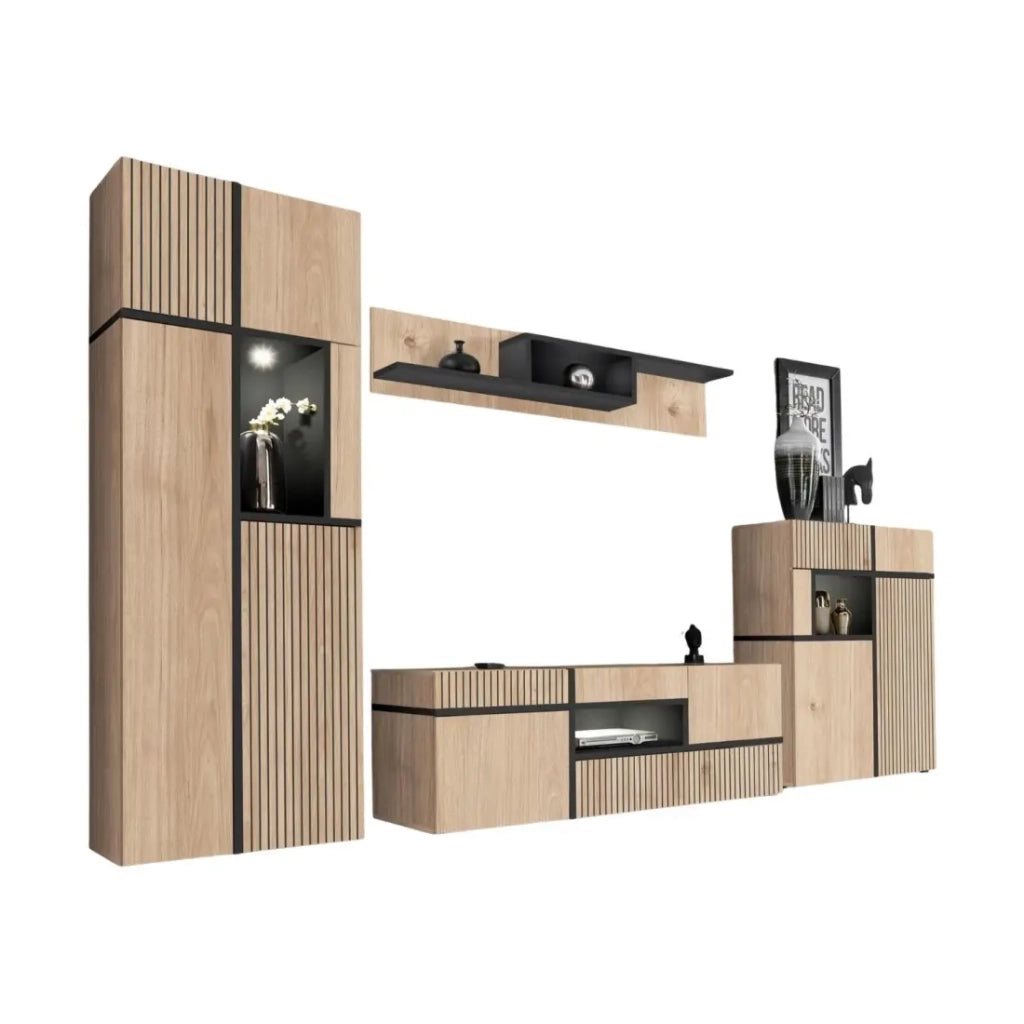 Set completo salotto CRISS – Mobile TV, Buffet alto, Vetrina, Mensola da parete – Rovere chiaro e nero con LED