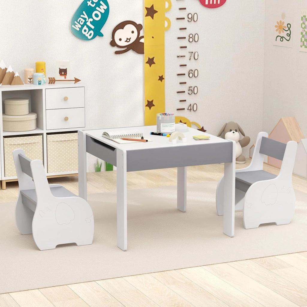 Tavolo e Sedie per Bambini 3 in 1, Tavolino con Lavagna Rimovibile e Archiviazione, per Cameretta (Bianco e Grigio)