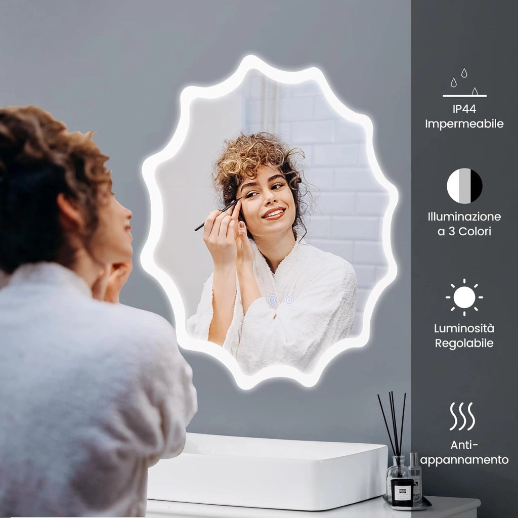 60x60cm Specchio da Bagno a LED, Specchio da Parete Rotondo con Bordo Ondulato, Luci 3 Colori e Anti-appannamento, Specchio per Trucco Illuminato Regolabile con Luce Anti-esplosione e Pulsante