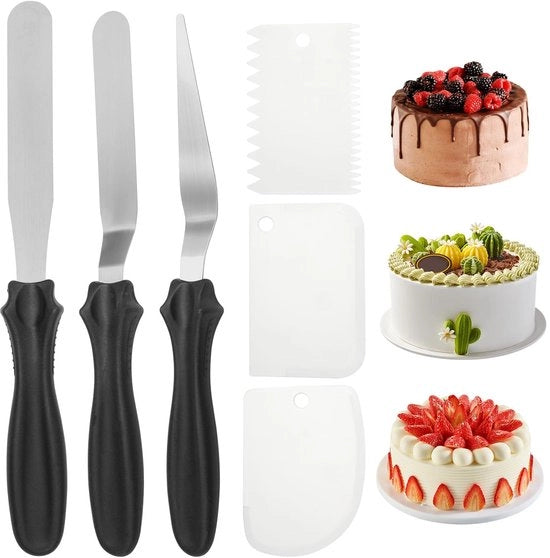 Set di spatole per torte in acciaio inossidabile - 6 pezzi - Manico ergonomico - Decorazione multifunzionale - Incluso schiaccia plastiche - Per decorare torte - Spatola per torte