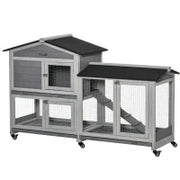 Conigliera a 2 Livelli con Rete Protettiva e Rotelle in Legno e Metallo, 157.4x53x99.5 cm, Grigio