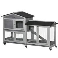 Conigliera a 2 Livelli con Rete Protettiva e Rotelle in Legno e Metallo, 157.4x53x99.5 cm, Grigio