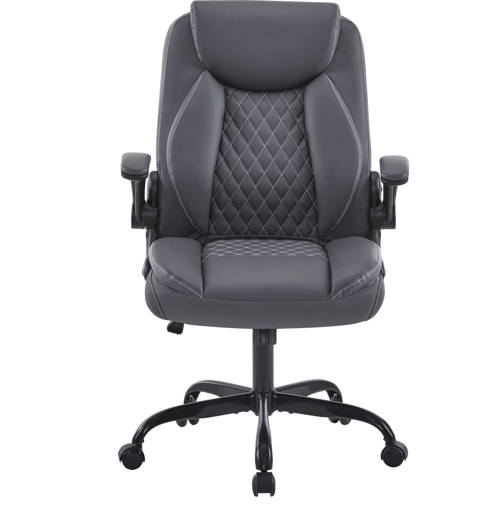 Sedia da ufficio ergonomica con supporto lombare e braccioli ribaltabili in pelle grigio