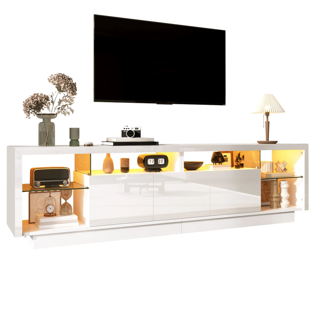 Mobile TV con 3 ante e vani aperti; LED integrata - per soggiorno - 200x38x55 cm - bianco