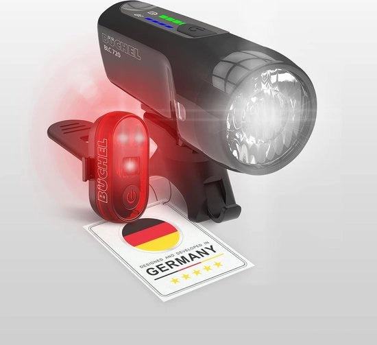Set di illuminazione per bicicletta I 70/30/15 Lux I conforme alle normative con una durata batteria di 14 ore I Lampada LED ricaricabile per avanti + dietro I Fari posteriore e anteriore per bicicletta I Micro-USB
