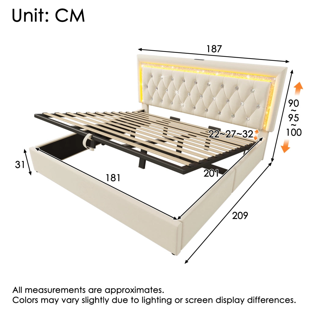 Letto matrimoniale 180x200 cm in velluto beige con LED; testiera regolabile e contenitore