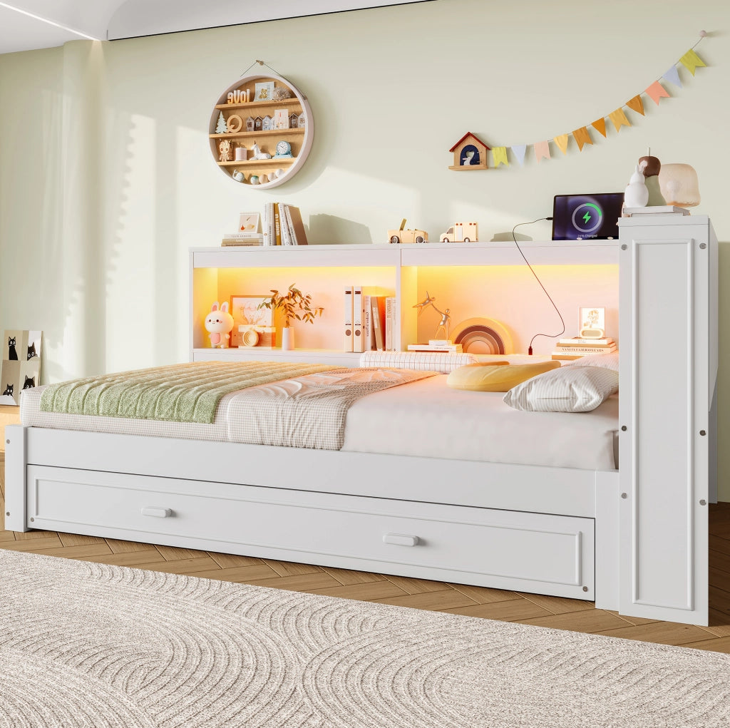 Divano letto 90x200 cm bianco con letto estraibile, LED e porte USB/Type-C