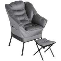 Poltrona Moderna con Poggiapiedi e 2 Tasche Laterali, in Tessuto Effetto Velluto e Acciaio, 80x78x100 cm, Grigio
