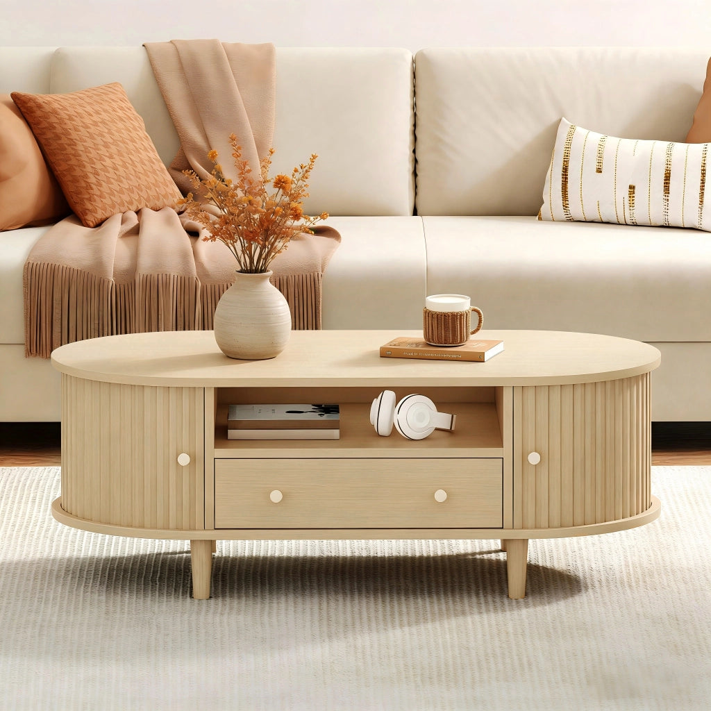 Tavolino basso ovale con 1 cassetto, vani aperti e anta scorrevole, per soggiorno, in MDF, rovere, 100 × 50 × 36 cm
