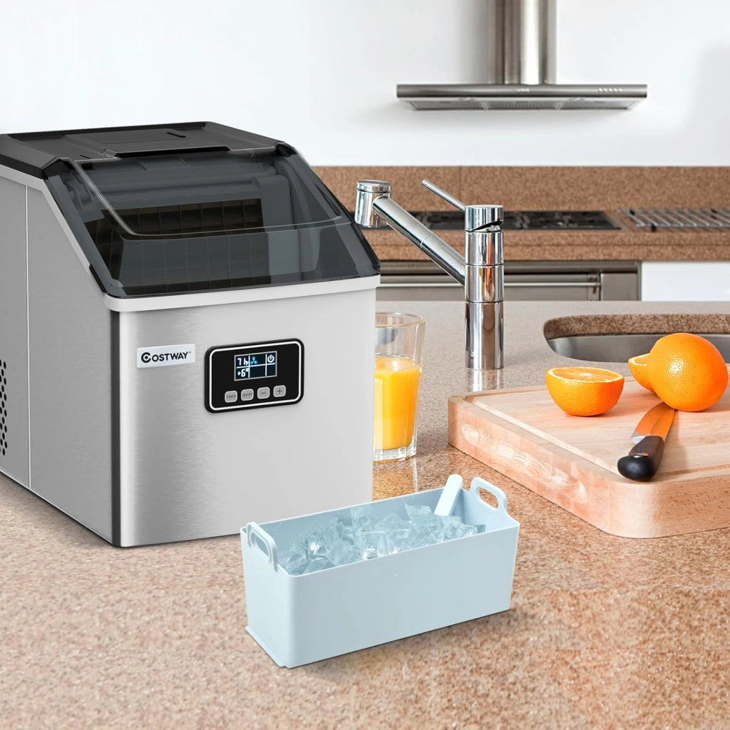 Macchina del Ghiaccio in Acciaio Inox, Macchina del Ghiaccio Elettrica con Paletta e Castello, Produzione 18kg/24H, Ideale per Casa e Ufficio