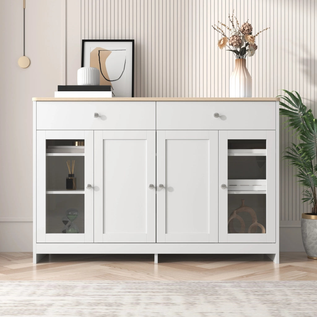 Credenza con 4 ante e 2 cassetti; ripiani regolabili; stile country; in MDF; 120×37×80 cm; bianco e legno
