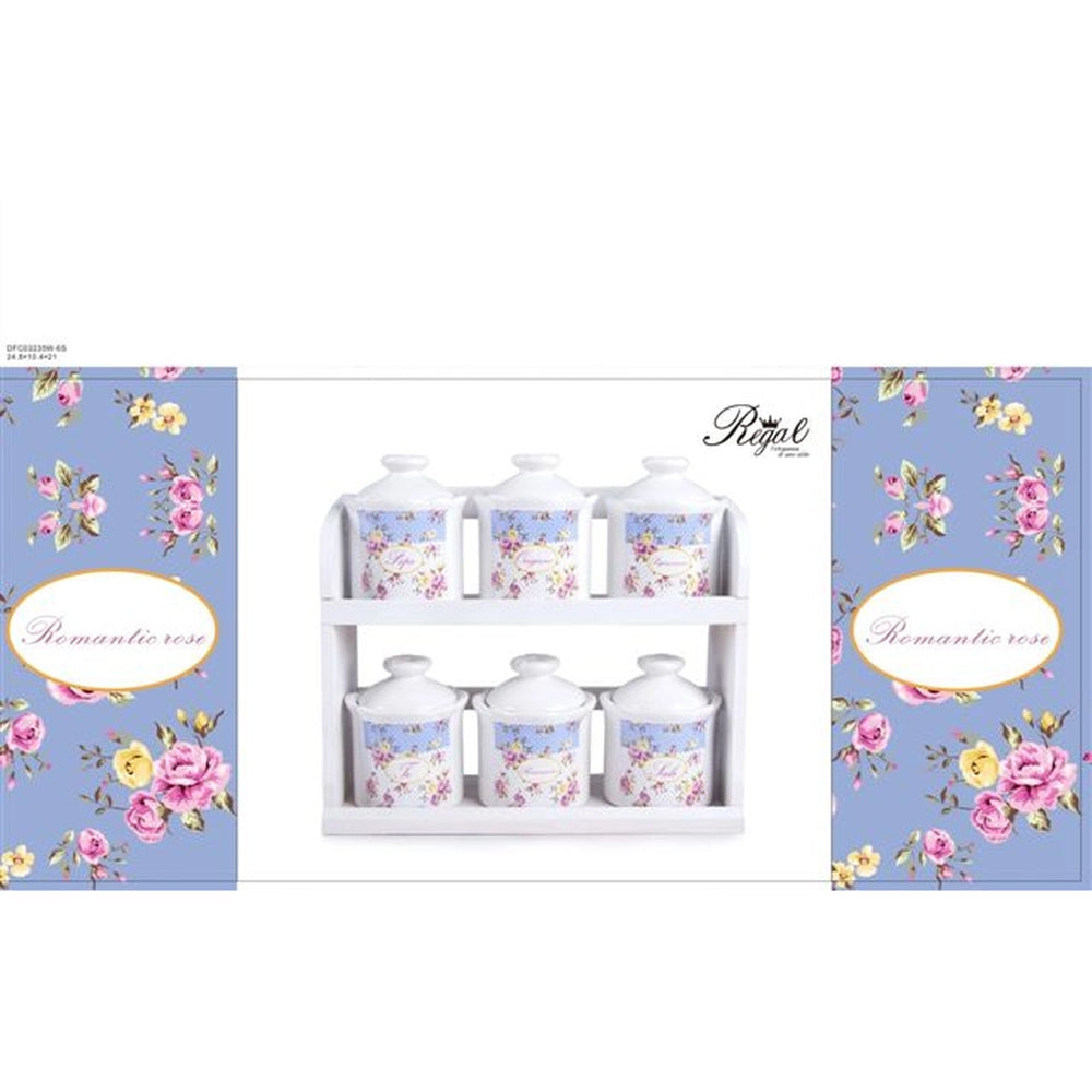 Set 6 Barattoli da Cucina Spezie in Ceramica Romantic Rose + Mensola