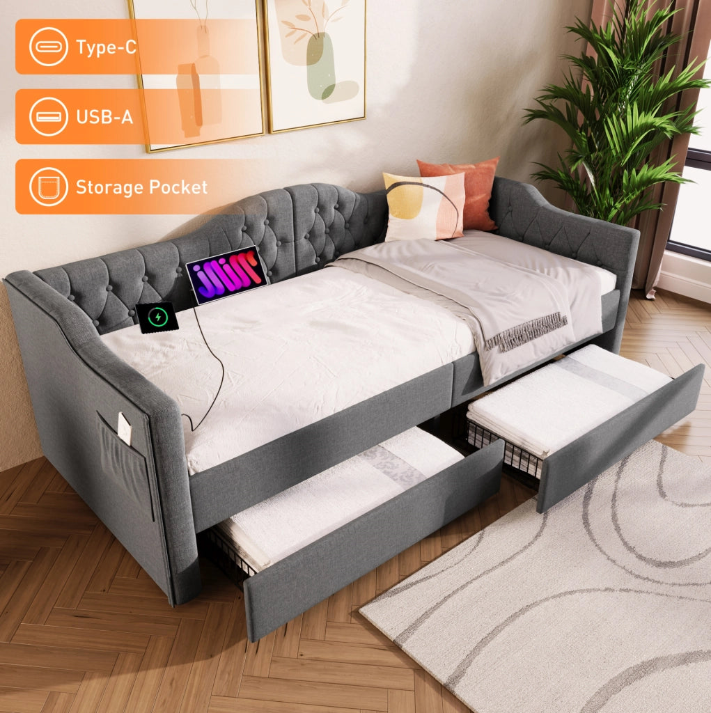 Letto da giorno imbottito 90x200 cm con 2 cassetti; USB e Type-C; grigio in lino