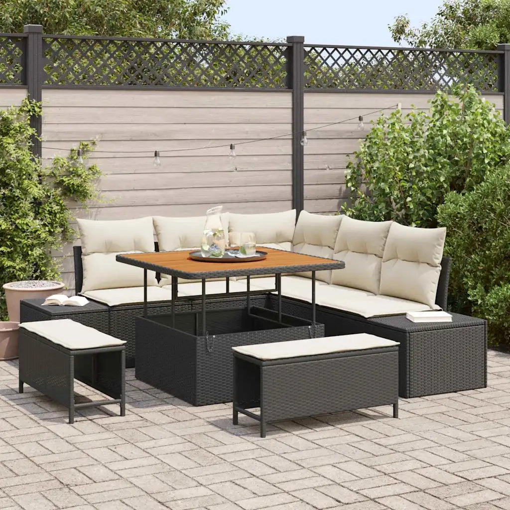 Set Divano da Giardino con cuscino 8 pcs Nero Poly Rattan
